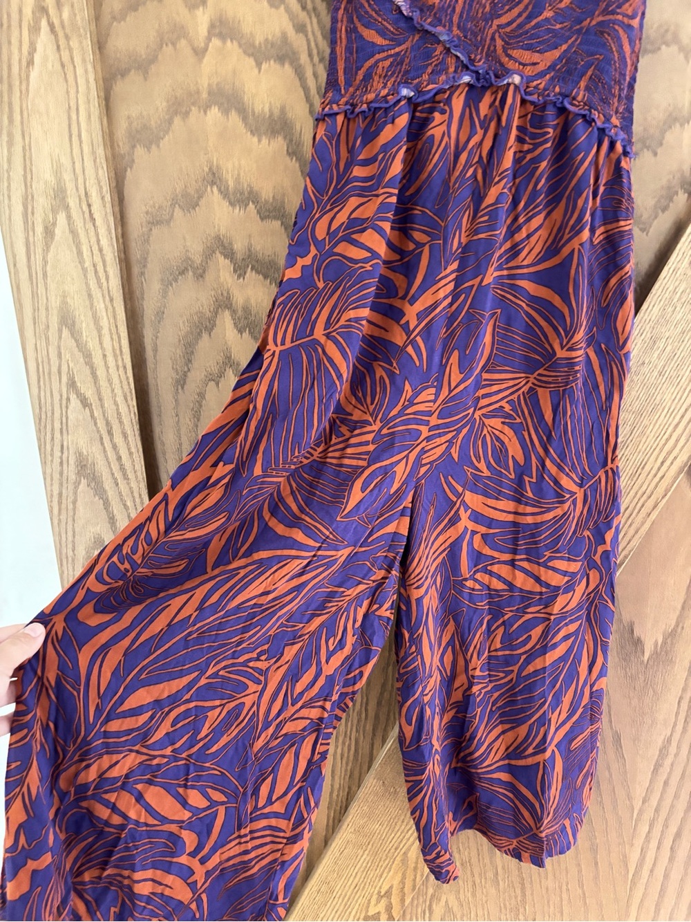 Patrons of Peace Wideleg Jumpsuit, rust orange and purple tropical foliage, S